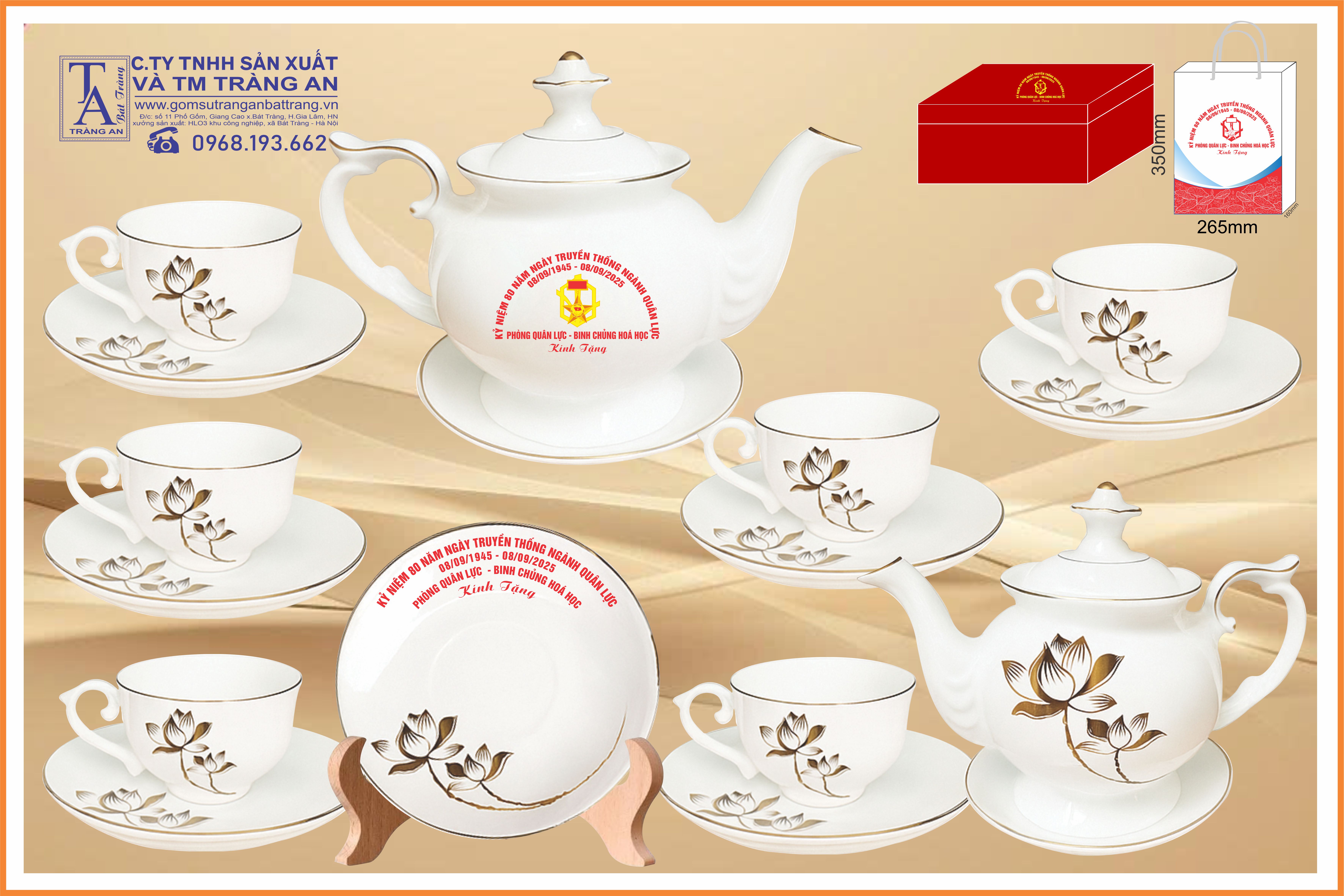 Bộ trà phú quý, kẻ chỉ vàng kim, hoa sen vàng kim , in logo
